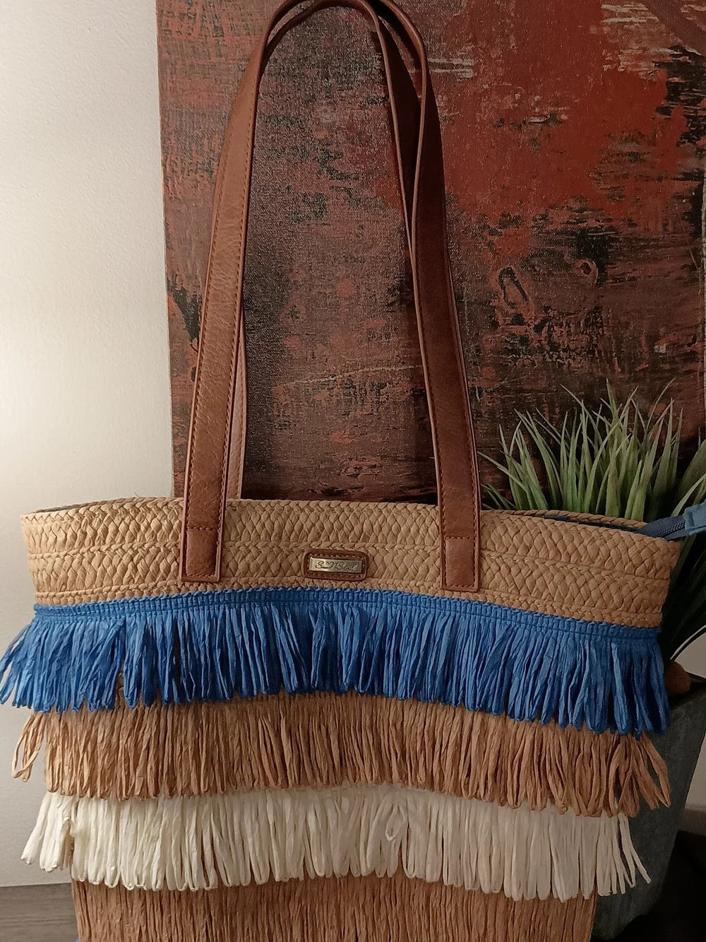 Layered Fringe Straw Tote in Blue, White & Tan